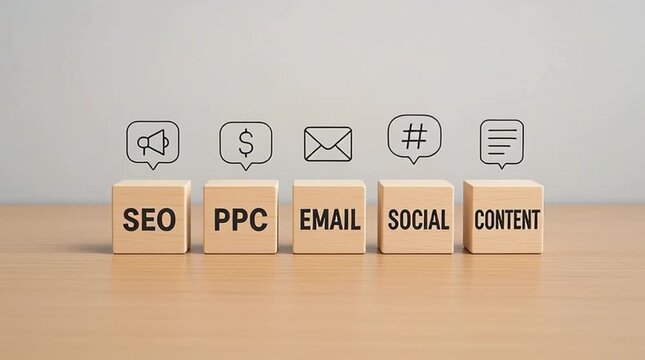 Digital marketing strategy with SEO PPC email social content icons on wooden blocks representing online advertising campaign and communication planning concept