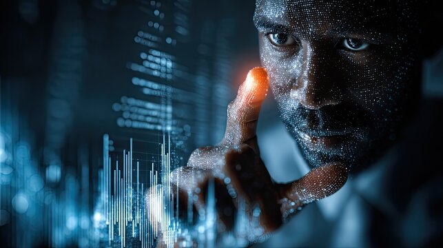 Businessman analyzing data with AI technology, digital analytics, artificial intelligence, futuristic business concept