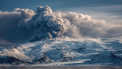 Volcanic eruption over snow-capped mountains