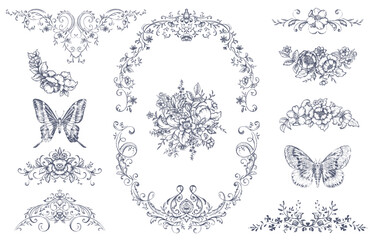 Set of vintage vector dividers, corners borders. Floral elements, butterflies. Retro Victorian style.