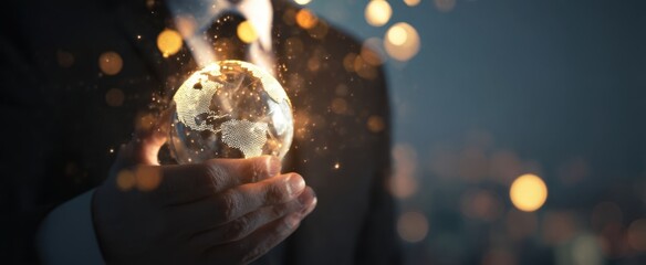The businessman holding a glowing globe symbolizing innovation and global connectivity.