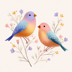 Three colorful finches birds sitting on flower branches cute illustration