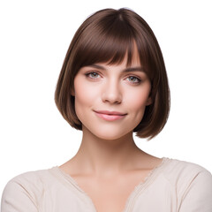 Fototapeta premium beautiful woman with gentle smile and short bob hairstyle isolated on white background