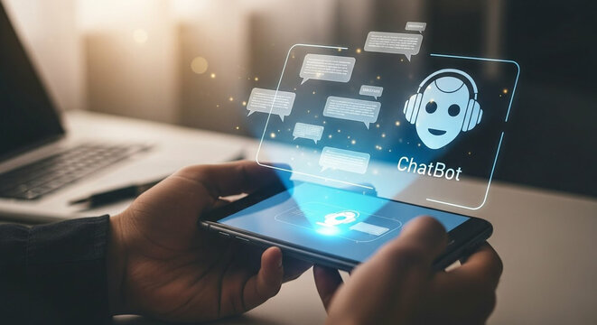 Person using smartphone with holographic ai chatbot interface and virtual assistant