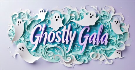 Obraz premium Festive design features Ghostly Gala text, surrounded by paper ghosts, swirls, lavender, turquoise hues. Spooky, playful aesthetic.