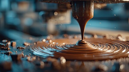 Chocolate molding machine process, industrial confectionery scene, modern food production tech, sweet factory art