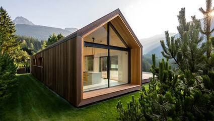 Fototapeta premium Modern Wooden Cabin Retreat Nestled in the Mountains Surrounded by Lush Greenery and Natural Light with Glass Door