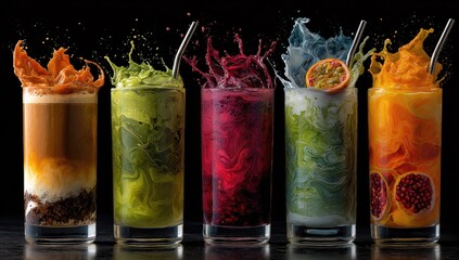 Five vibrant drinks in tall glasses, each with a unique color and texture.  Splashing liquid and fruit accents.  Dark background