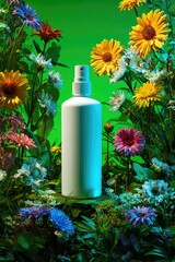 White spray bottle surrounded by vibrant flowers against a green backdrop