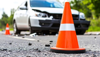 Dramatic car crash scene with prominent orange traffic cone marking danger area