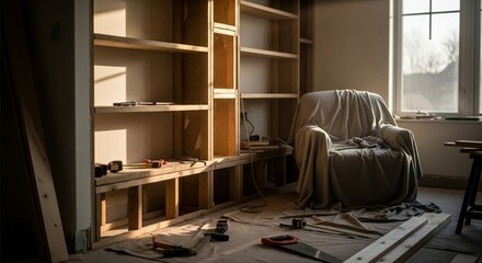 Fototapeta premium Home improvement project: a reading nook under construction with new shelves
