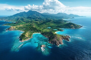 Remote tropical archipelago scattered lush islands and turquoise lagoons no human no labelling no logo
