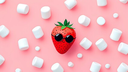 Strawberry with Sunglasses Surrounded by Marshmallows on a Pink Background Creative Flat Lay Arrangement for Sweet Treats and Summer Fun