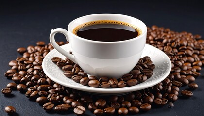Fototapeta premium White coffee cup filled with dark coffee, surrounded by coffee beans on a dark background