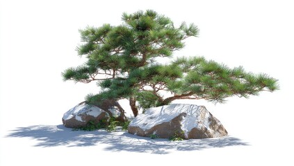 Pine tree and rocks in a zen garden setting