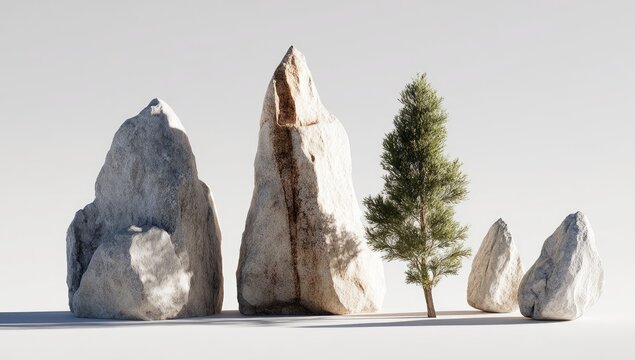 Gray rocks and a tree on a white surface