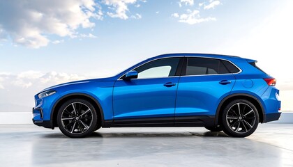 Obraz premium Dynamic azure crossover vehicle parked under a bright, expansive sky showcasing automotive design