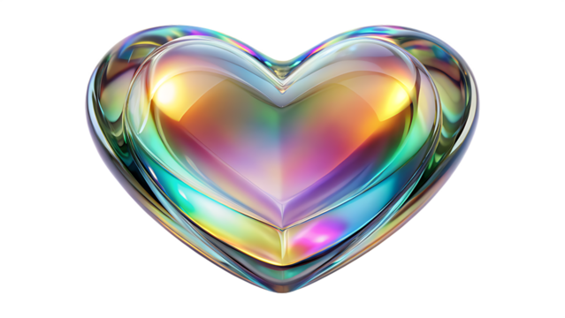 Iridescent Glass Heart with Rainbow Reflections on Transparent Background - Powered by Adobe