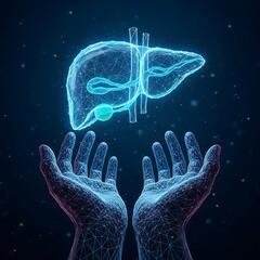 Naklejka premium Futuristic glowing digital human liver held gently by illuminated hands symbolizing medical care and advanced health technology