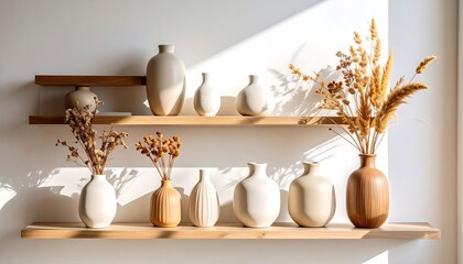 Wooden shelves with vases and dried flowers