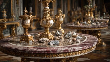 Ornate gold-accented tables with antique vases and rocks