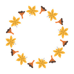 Chanterelle and Yellow Leaf Wreath. Autumn botanical round frame with mushrooms. Whimsical and natural hand drawn forest design. Flat vector illustration