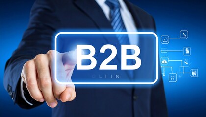 Businessman touching a B2B touchscreen icon demonstrating commercial activity