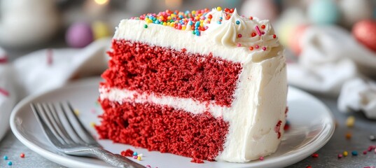 A decadent confection with vibrant layers, showcasing culinary finesse topped with creamy frosting.