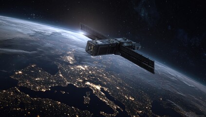 Obraz premium Satellite orbiting Earth, illuminated by sunrise