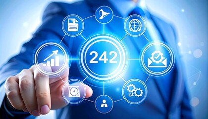 Businessman touching a digital interface with a multitude of interconnected icons