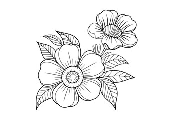 Black and white line art illustration of blooming flowers and leaves floral botanical