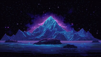 Pixelated mountain range, vibrant blues and purples, starry night
