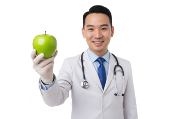 An asian doctor holds a green apple promoting health and wellness on white