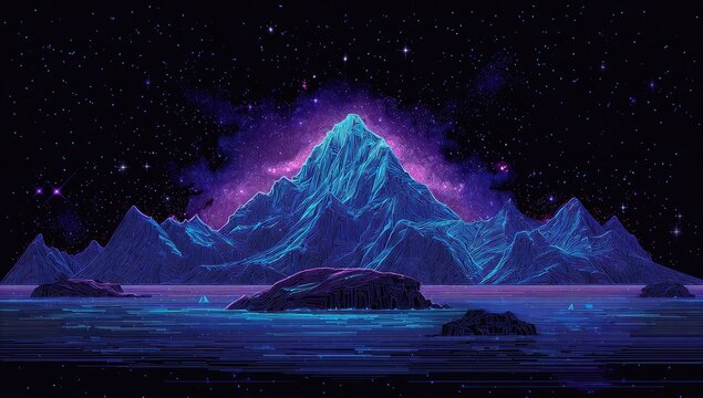Pixelated mountain range, vibrant blues and purples, starry night
