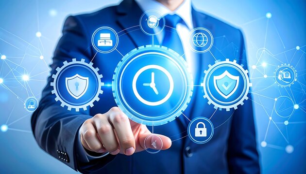 Businessman touching digital interface showcasing security and time management system