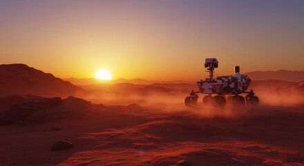 Robotic exploration rover traverses the dusty Martian landscape under a vibrant sunset, seeking scientific discovery and expanding humanity's understanding of the distant Red Planet
