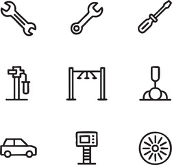 Fototapeta premium Car repair vector icon set outline style,editable stroke wrench,screwdriver,car lift,car wash,wheel,diagnostic tool,vehicle maintenance icon set