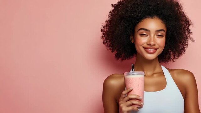 Smiling woman enjoying refreshing smoothie against pink background
