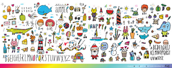Collection of cute doodle handwritten decorative design elements, hand drawn in trendy doodle style - animals, plants, symbols. Colorful vector illustration
