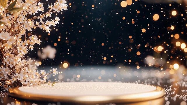 Elegant Japanese-Style Podium Background with Cherry Blossoms and Magical Glowing Particles for a Product Display