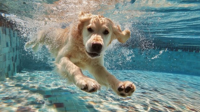 The playful golden retriever swimming joyfully underwater in a sparkling pool.