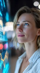 A woman is looking at a computer screen with a smile on her face