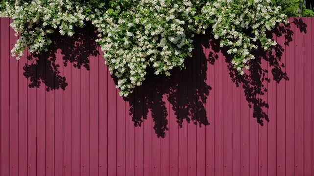 White jasmine flowers hanging over a maroon fence creating shadows