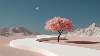 Pink tree on a winding path through a light beige desert landscape under a pale blue sky with a crescent moon