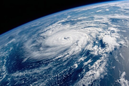 Hurricane spiraling over ocean from space, earth visible; climate change news