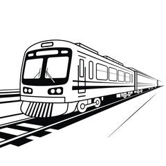 Black and white vector illustration of a passenger train traveling on railroad tracks a simple outlined 2 D style depiction showing a modern