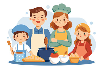 Mother Teaching Kids to Bake Bread – Family Cooking Illustration
