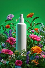 White spray bottle surrounded by vibrant flowers on green background