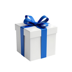 A white gift box with a blue ribbon isolated on transparent background