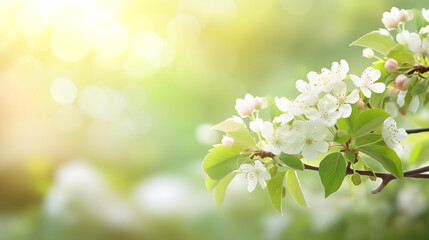 Ambiance printanière, fleurs blanches, sur les branches d'un arbre, cerisier. Arrière-plan de flou et lumière claire, ensoleillé. Printemps, été. Pour conception et création graphique